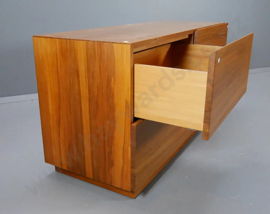 mid-century teak 4-drawer lowboy chest with finished back H-610 W-1200 D-450 Image 1++
