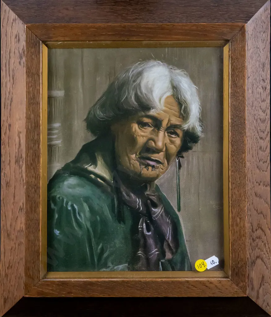 oak-framed print - Vera Cummings portrait of Harata Tuhaere - H-260 W-205 Image 1++