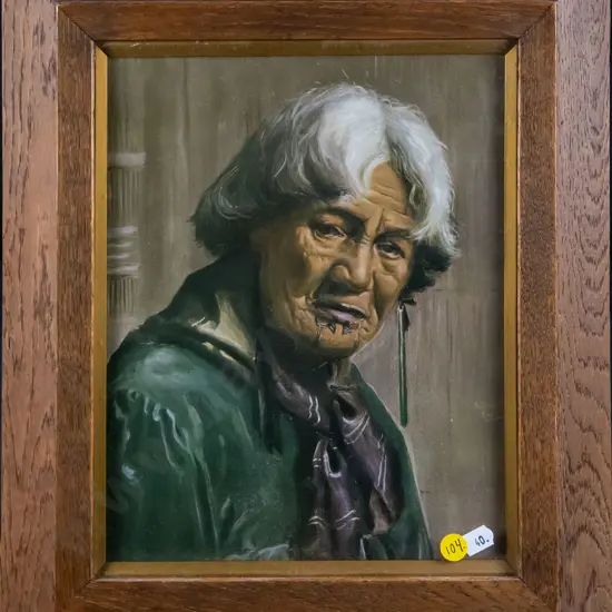 oak-framed print - Vera Cummings portrait of Harata Tuhaere - H-260 W-205