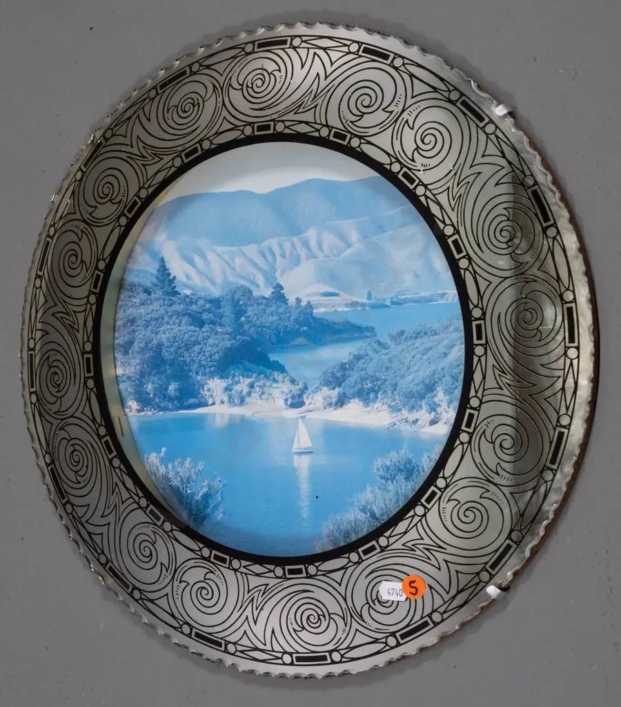 retro circular convex picture wall mirror (slightly faded) - lake and mountain scene Diam-400 Image 1++