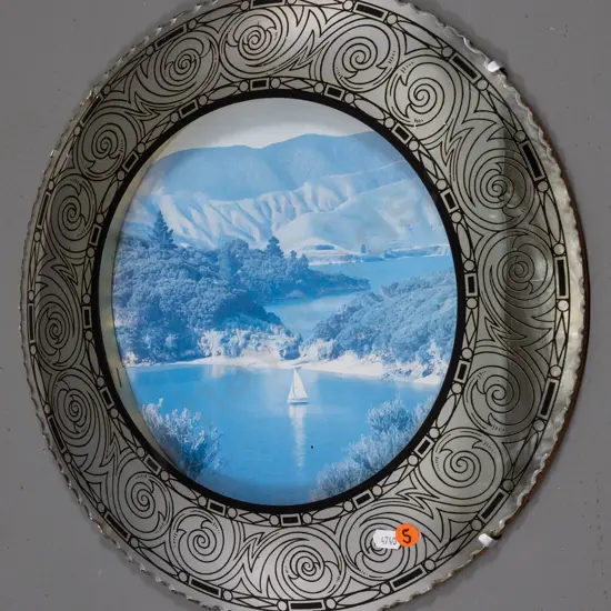 retro circular convex picture wall mirror (slightly faded) - lake and mountain scene Diam-400