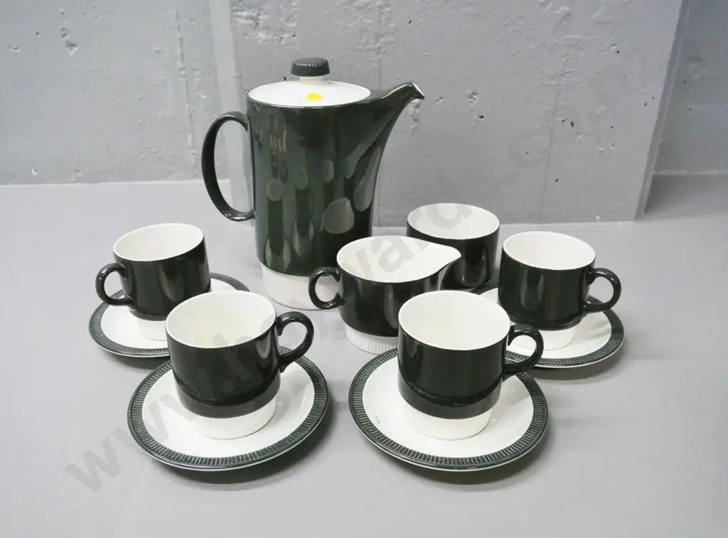 mid-century Poole 11-piece coffee set in dark olive green & white glaze - coffee pot H-220. As-new condition. Image 1++