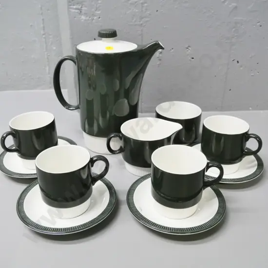 mid-century Poole 11-piece coffee set in dark olive green & white glaze - coffee pot H-220. As-new condition.