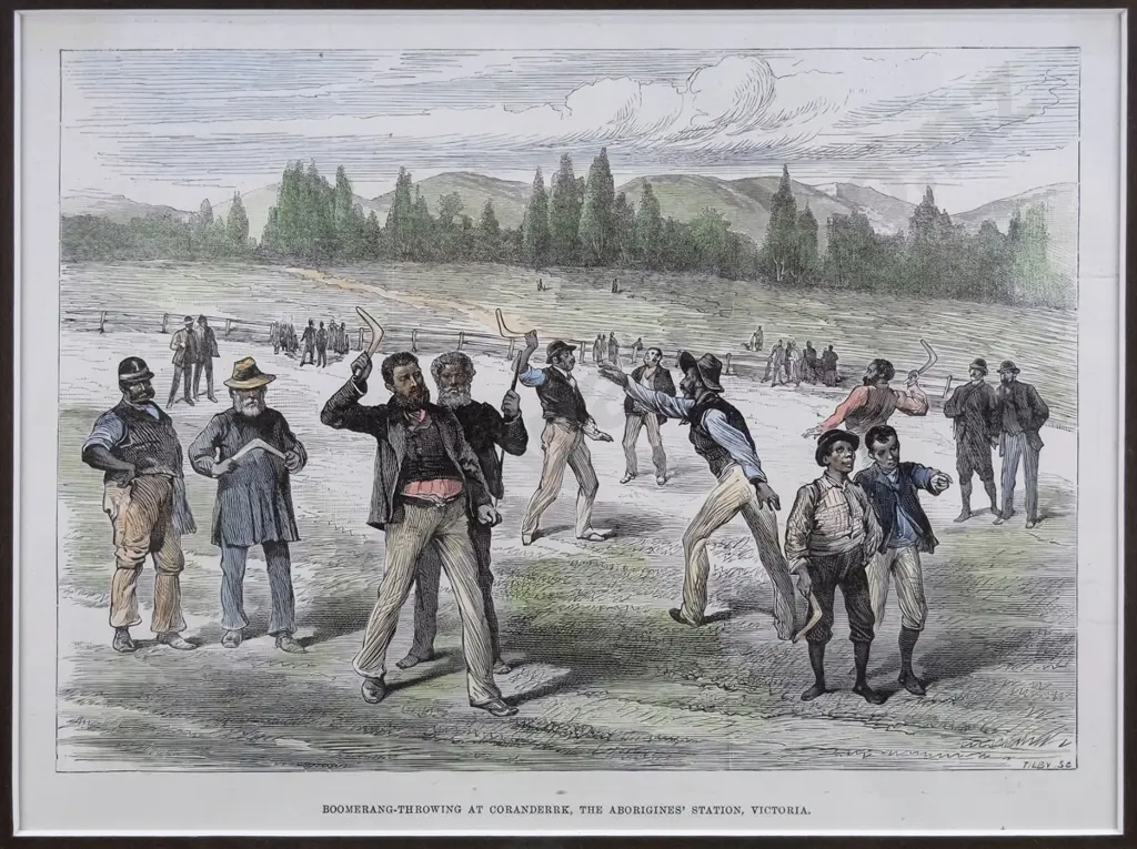 framed vintage print "Boomerang Throwing at Coranderrk" H-170 W-230 Image 1++