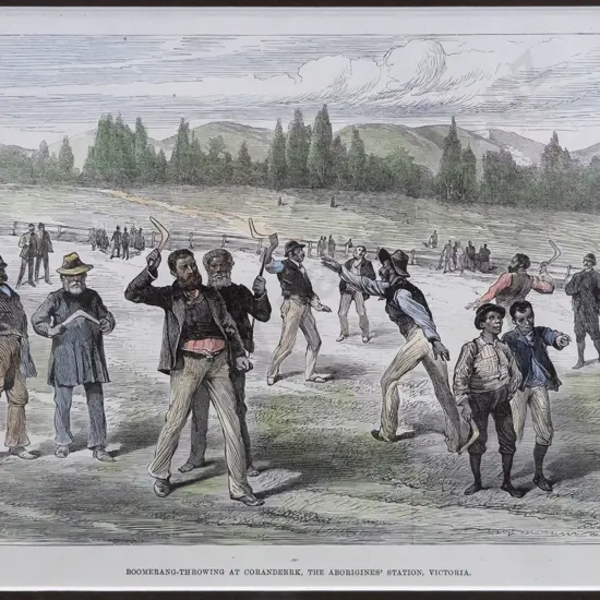 framed vintage print "Boomerang Throwing at Coranderrk" H-170 W-230