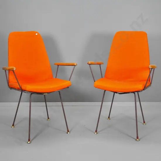 pair of retro Astron occasional chairs - metal frame, wooden arms, orange fabric - some marks to arms H930 W640 D460