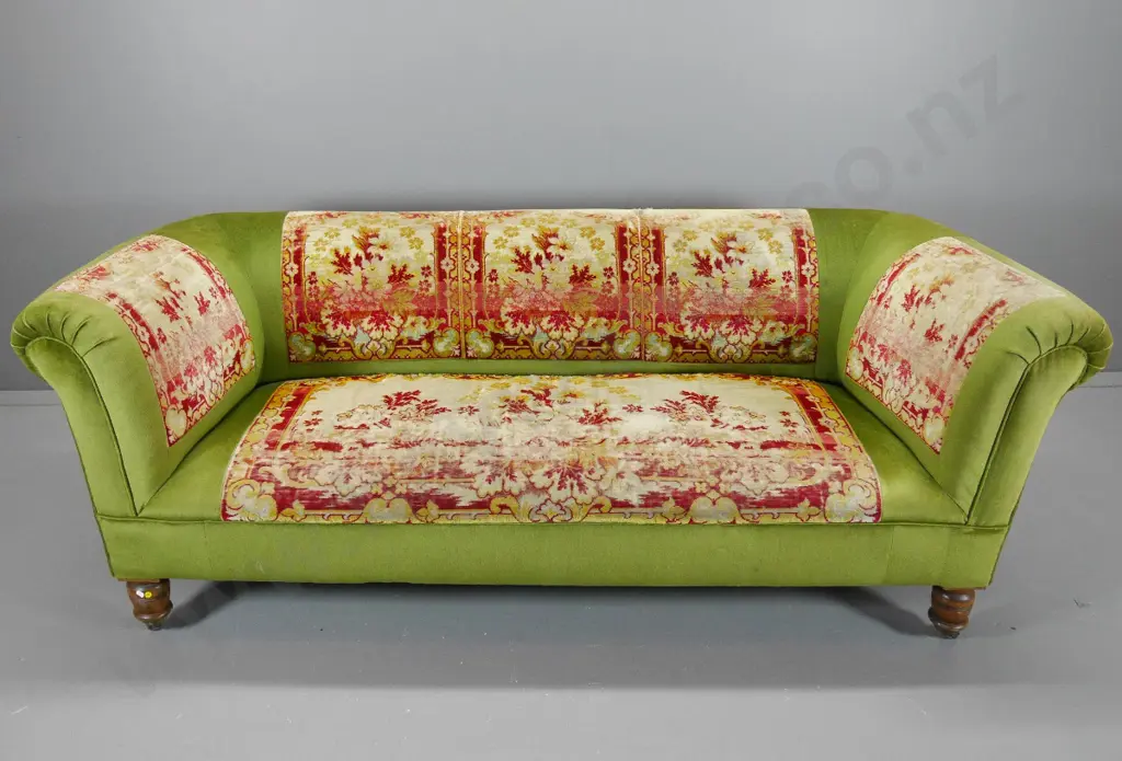 vintage 3-seater rolled-arm chesterfield sofa w/timber legs, casters, wear to original velvet panels H800 W2050 D800 Image 1++