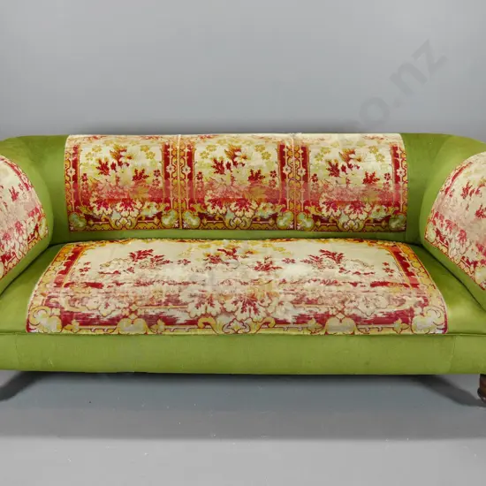 vintage 3-seater rolled-arm chesterfield sofa w/timber legs, casters, wear to original velvet panels H800 W2050 D800