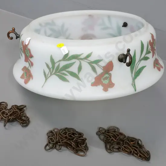 milk glass hanging ceiling light shade with nouveau style floral motif, copper hooks and chains H-160 D-350