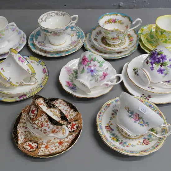 English teaware - 6 trios - Royal Albert, Salisbury, Paragon, Colclough - and 3 cups & saucers