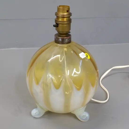 3-footed amber and milk glass lamp base - not working  H-250 D-160 at widest