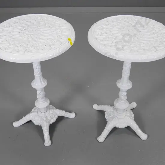 pair of white painted cast metal outdoor occasional tables H-500 Diameter 310