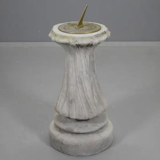 brass sundial on cast concrete column base - some chips to top rim H-750 to tip of pointer D-350