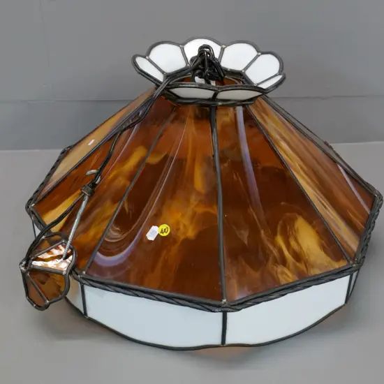 leadlight ceiling light fitting - amber mottled and milk glassH-320 Diameter 500