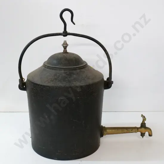 heavy cast iron kettle with long spout & tap, hanging handle H-540 Diameter 300, tap L-210