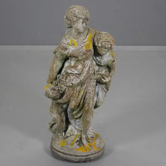cast concrete classical style garden statue - woman and child, aged finish H-770 W-360 at base