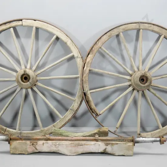 2x vintage cart wheels - Wedges Mills 1910 with original kauri beam and axles Diam-1520 Axle L-2150