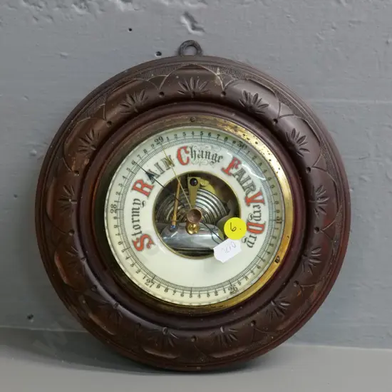 wood-cased German wall barometer - some pitting to brass bezel, marks to wood. Diameter 210