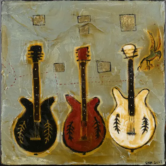 Emma Milburn 2003 - boxed mixed media on canvas "3 guitars" H-205 W-205