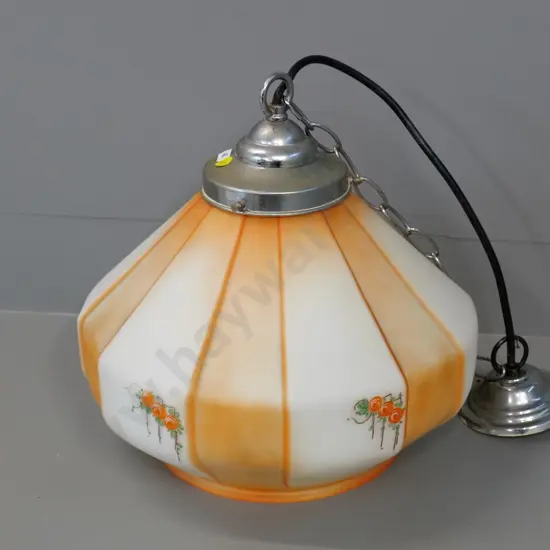 deco hand painted orange & white with floral glass ceiling light fitting w/chrome journal - some pitting H-300 D-320