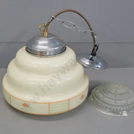 deco hand-painted cream glass and lotus flower motif ceiling light with chrome journal & bracket- chip to rim H270 D250