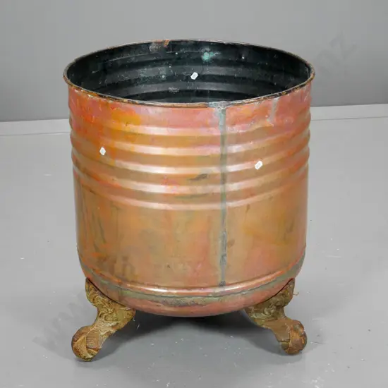 copper turned into wood bin with claw bath feet added - some holes in copper H-590 Diameter 520