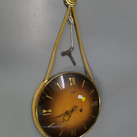 retro Anker wall clock - brass and wood with hanging cord, with key - diameter 250