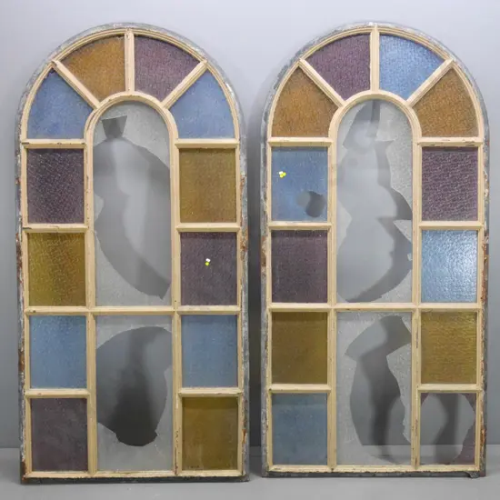 pair of very large antique windows with cast iron frames, rounded ends - corrosion & broken glass panels H2100 W1060