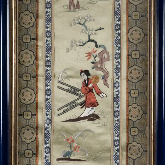 framed Oriental needlework on silk -lady with fan H-430 W-220
