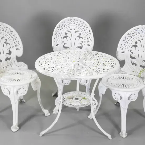 NZ-made white painted cast aluminium Victorian style outdoor table & 3 chairs - some paint loss. Table H620 D670