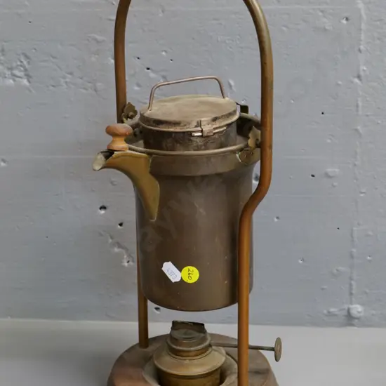 tilting brass (worn copper plating?) coffee perc on stand with spirit heater H-380 W-160