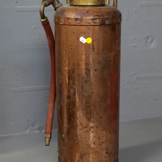 vintage copper fire extinguisher with brass fittings, 'NZG CE1' stamped in brass H-540