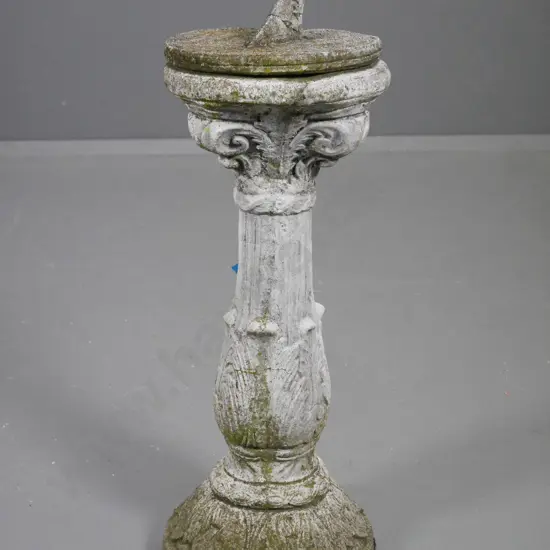 small cast concrete sundial on column base, aged white finish, has had repair to pointer H-660 D-240 at base