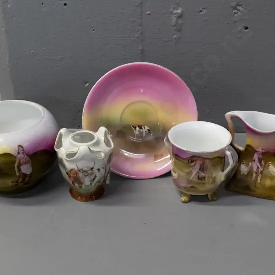 5 small pieces Royal Bayreuth china - 2 vases, double-handled cup (has chip) jug & saucer, taller vase H-75 D-100