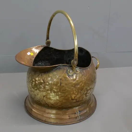 beaten brass round coal scuttle - blackened inside H-250 D-330 at base