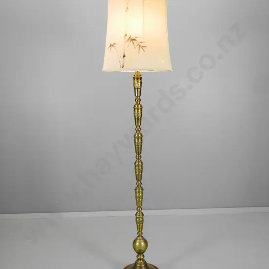 cast brass standard lamp with wooden base - some stains to silk shade. H-1730 Shade D-400