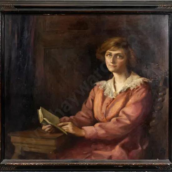 framed oil on canvas -portrait of a woman reading - slight damage to frame H-870 W-970