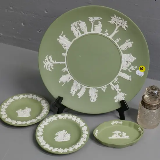 small sterling silver rimmed stoppered bottle and 4 pieces of green Wedgwood jasperware - plate D-240