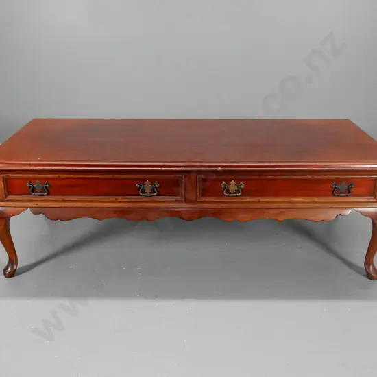 mahogany cab-leg coffee table - 2 drawers w/ metal drop handles - some shading to top H400 L1250 W530