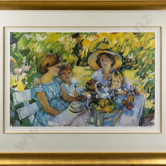 framed and signed Evelyn Page ltd edition print 180/500 "Luncheon Under the Ash Tree" H-510 W-770