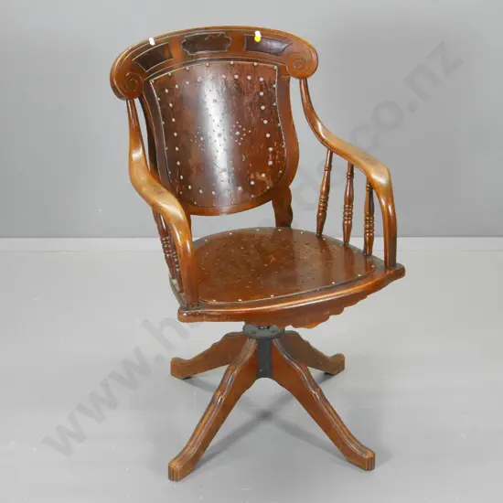 vintage mahogany swivel and tilt desk chair with pierced seat and back w/loose cushion H920 W550 D470