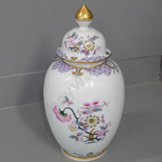 hand-painted asian lidded jar with floral motifs H-350