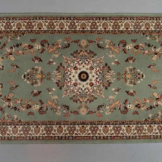 woven wool traditional style floor rug - pale green, coral and cream L-1900 W-900