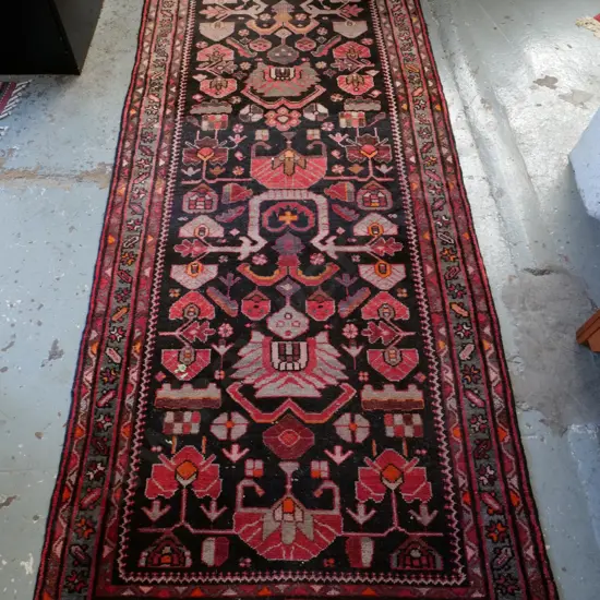 Hamaden hand-knotted wool Persian floor rug - reds, greys and black - has fading L-2960 W-1150