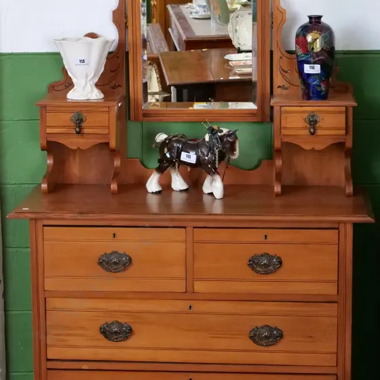 vintage kauri 4 drawer dresser w/carved detail, tilt bevelled mirror, 2 jewellery drawers on top H1680 W1020 D440