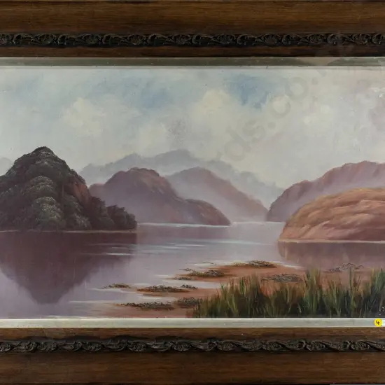 illegible signature - framed oil - lake & mountain scene H-450. W-760