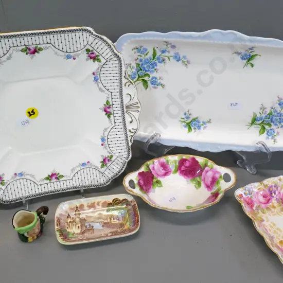 assorted English china - 3 pieces Royal Albert, Maling pin dish, Shelley cake plate, small Doulton character jug