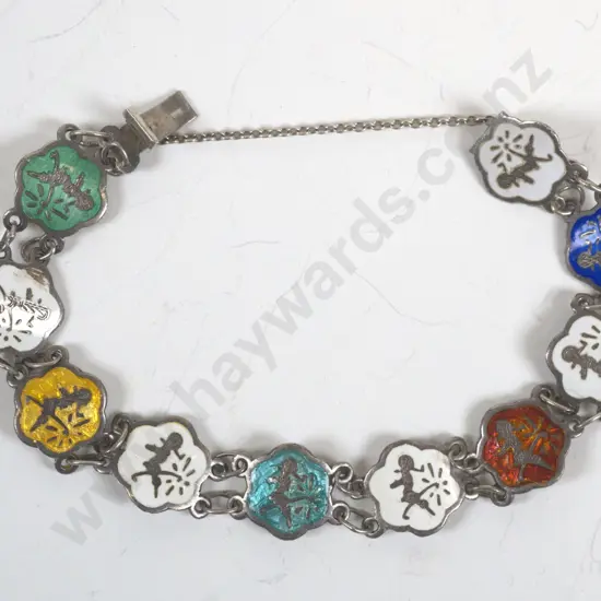 silver/enamel coloured braclet with safety chain stamped Siam sterling