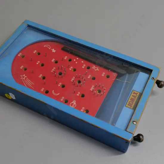 Jomax miniature spring-loaded pinball/bagatelle game under glass cove - working but one knob bent L-290 W-160 D-50