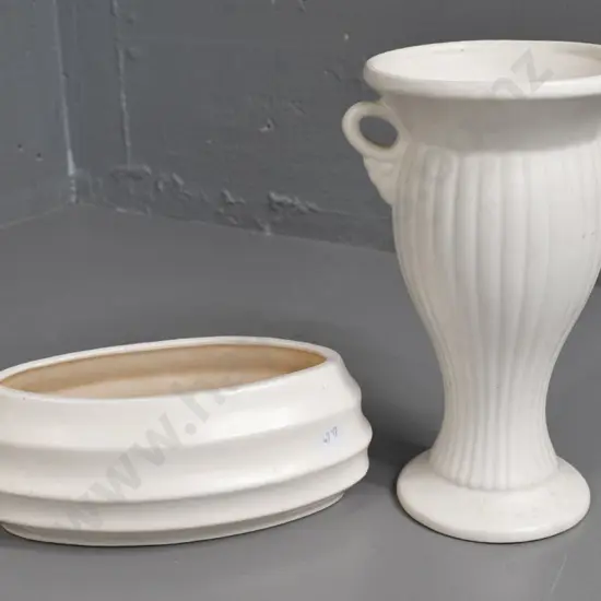 2 Crown Lynn vases - handled vase stamped 2082 or 2062 H-220 & a flower trough No. 77 with rust marks inside